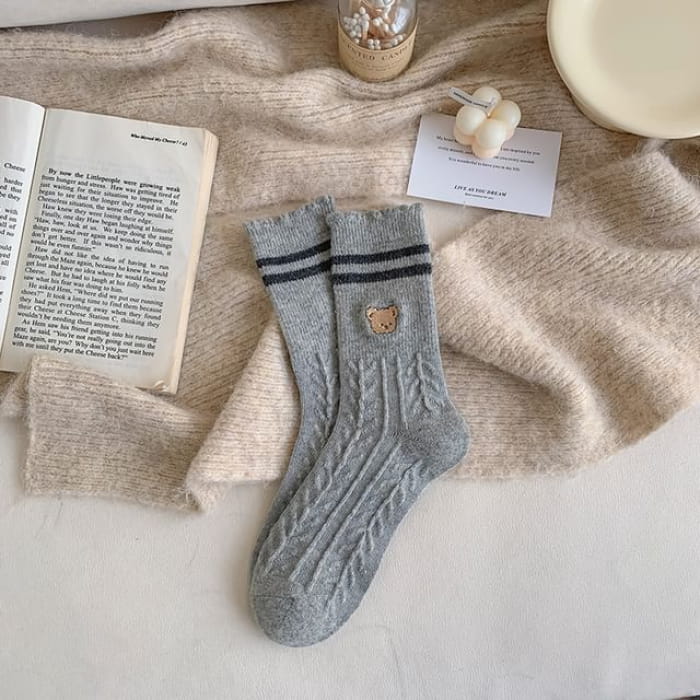 Bear Embroidered Striped Socks - Gray / 35-40cm