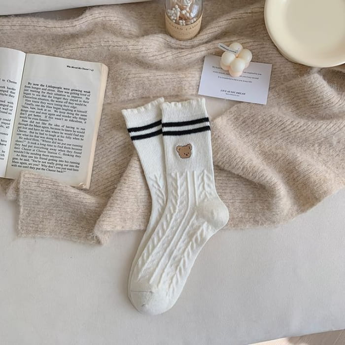 Bear Embroidered Striped Socks - White / 35-40cm