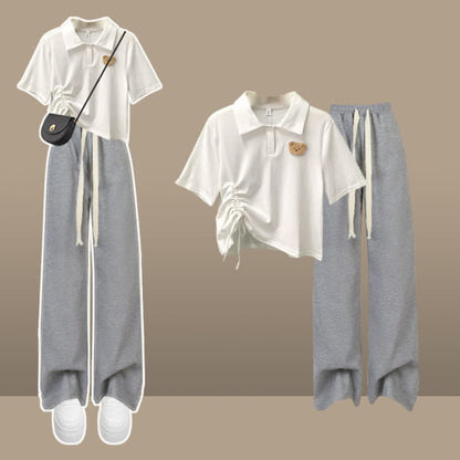 Bear Embroidery Polo T-Shirt Casual Pants - Grey Set / M