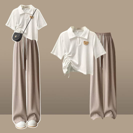 Bear Embroidery Polo T-Shirt Casual Pants - Khaki Set / M