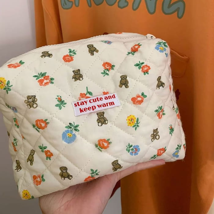 Bear Floral Fabric Makeup Bag / Clutch