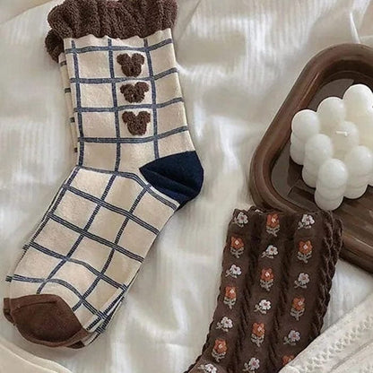 Bear Plaid Socks - Brown