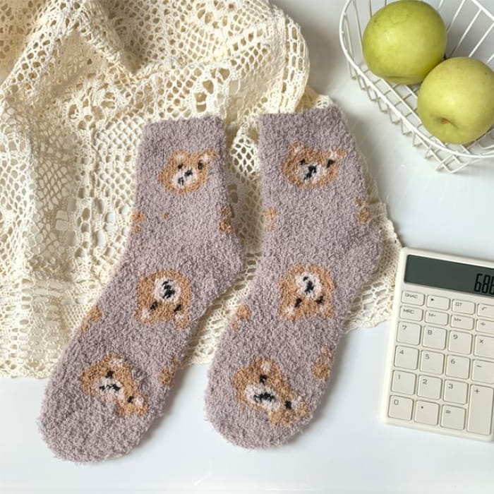 Bear Print Fluffy Socks - Coffee / One Size