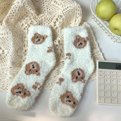 Bear Print Fluffy Socks - Light Yellow / One Size