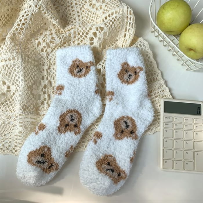 Bear Print Fluffy Socks - White / One Size