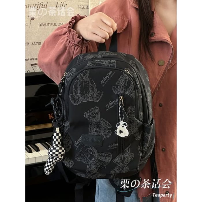 Bear Print Multi-Pocket Backpack / Bag Charm / Set