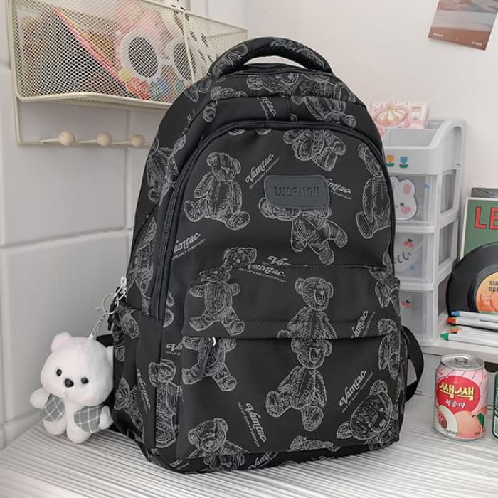 Bear Print Nylon Backpack - With Charm - Black / One Size