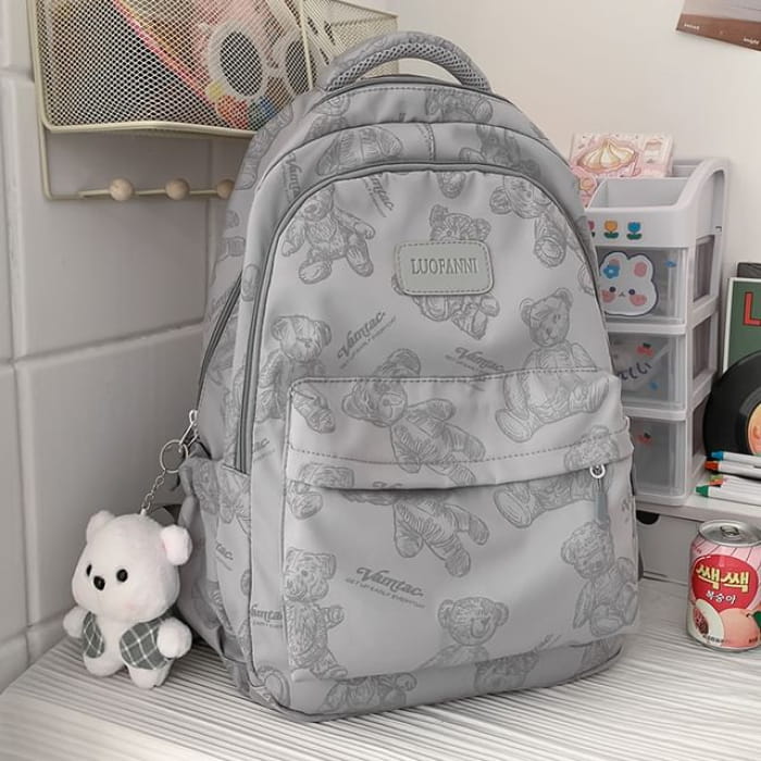 Bear Print Nylon Backpack - With Charm - Gray / One Size