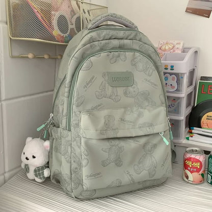 Bear Print Nylon Backpack - With Charm - Green / One Size