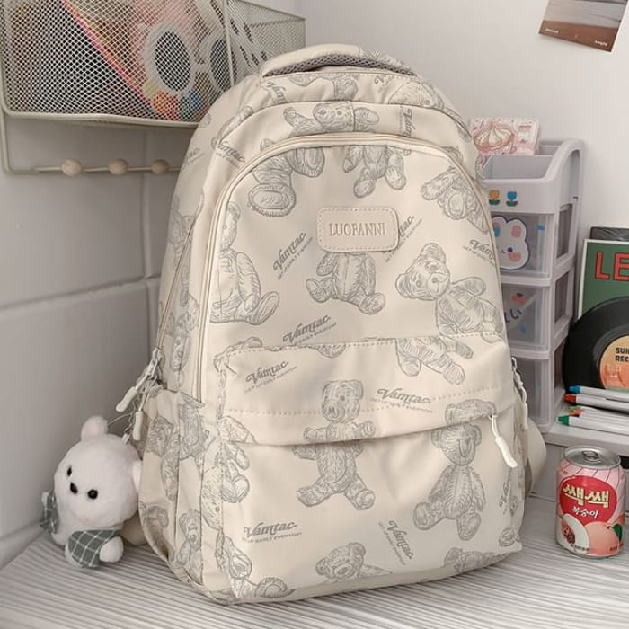 Bear Print Nylon Backpack - With Charm - Off-White