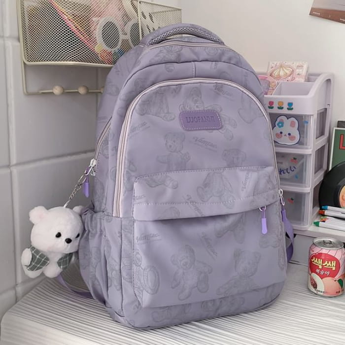 Bear Print Nylon Backpack - With Charm - Purple / One Size