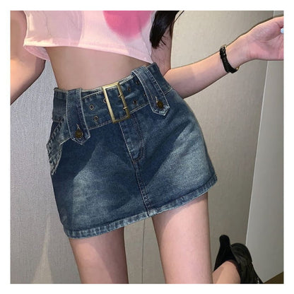 Belted Denim Mini Skirt