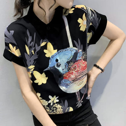 Bird Floral Print Chiffon T-Shirt Casual Shorts