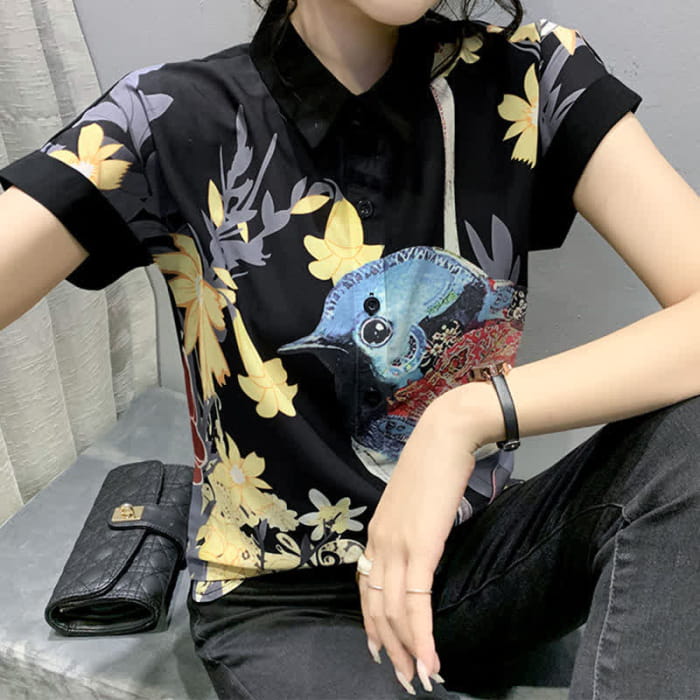 Bird Floral Print Chiffon T-Shirt Casual Shorts