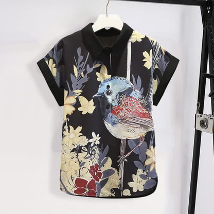 Bird Floral Print Chiffon T-Shirt Casual Shorts - M