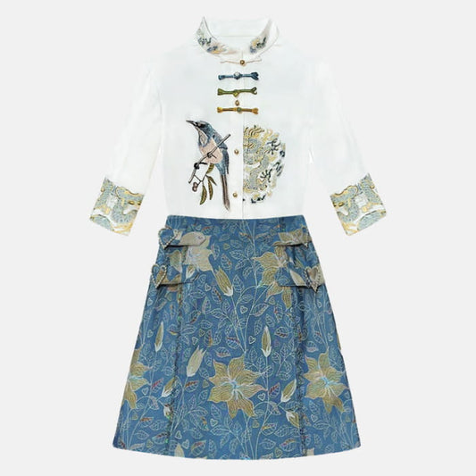 Bird Shirt Blossom Print Skirt Set - S