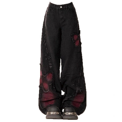 Black and Vermilion Butterfly Jeans - S / Black/red