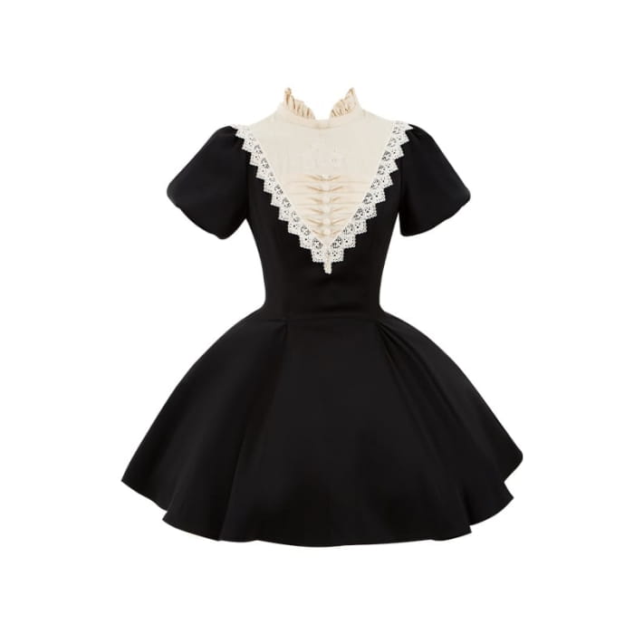 Black Beige Ruffle Banded Collar Lolita Short Dress