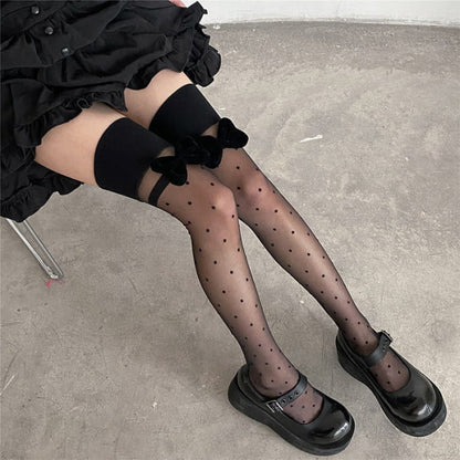 Black Bow Knot Decor Polka Dots Silk Stockings - One size