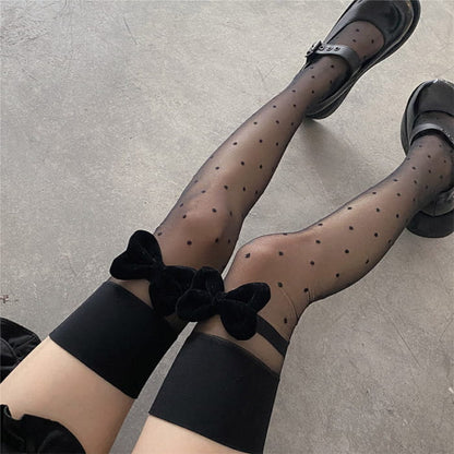 Black Bow Knot Decor Polka Dots Silk Stockings - One size