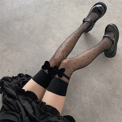 Black Bow Knot Decor Polka Dots Silk Stockings - One size