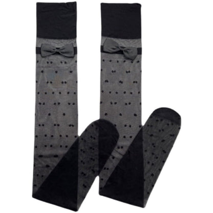 Black Bow Knot Decor Polka Dots Silk Stockings - One size