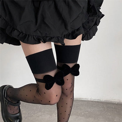 Black Bow Knot Decor Polka Dots Silk Stockings - One size