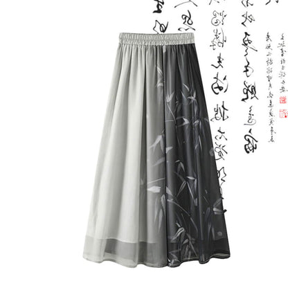 Black Buckle Bamboo Print Shirt High Waist Skirt - M