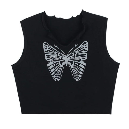 Black Butterfly Crop Tee - S / Black - Tops