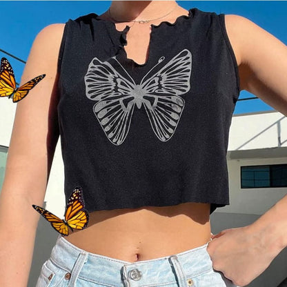 Black Butterfly Crop Tee - Tops