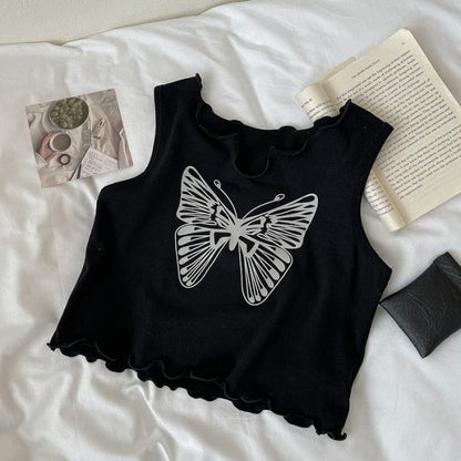 Black Butterfly Crop Tee - Tops