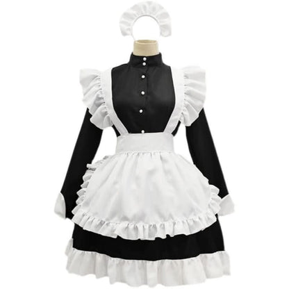 Black Button Long Sleeve Ruffled Lolita Maid Dress - S