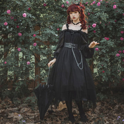 Black Chain Belt Long Sleeve Slip Lolita Dress - (Long) / S