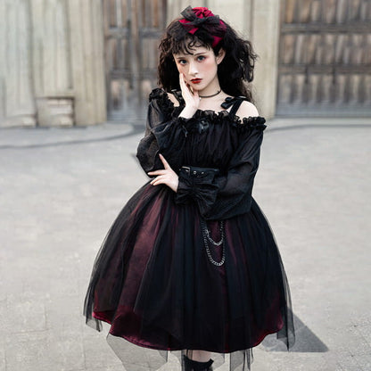 Black Chain Belt Long Sleeve Slip Lolita Dress - Red