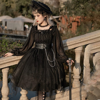 Black Chain Belt Long Sleeve Slip Lolita Dress - (Short) / S