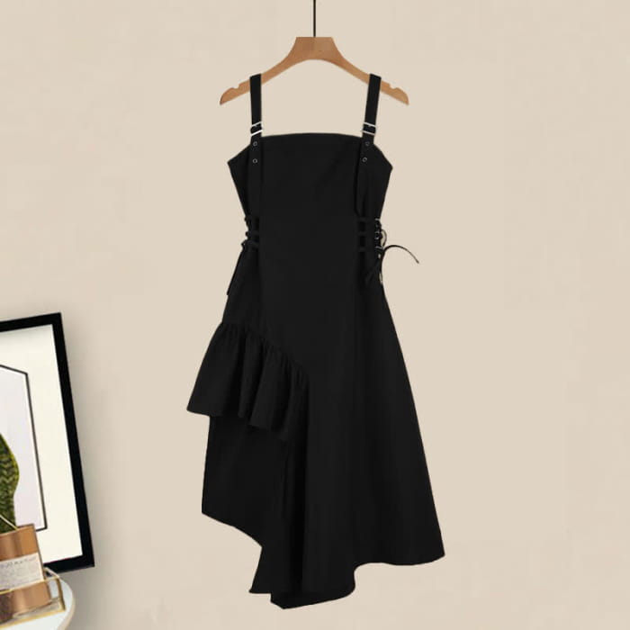 Black Chain Decor Short Blazer Lace Up Irregular Slip Dress