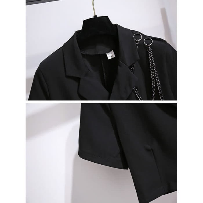 Black Chain Lapel Crop Blazer Irregular Belted Pleated Skirt