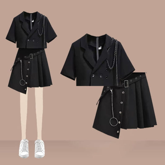 Black Chain Lapel Crop Blazer Irregular Belted Pleated Skirt