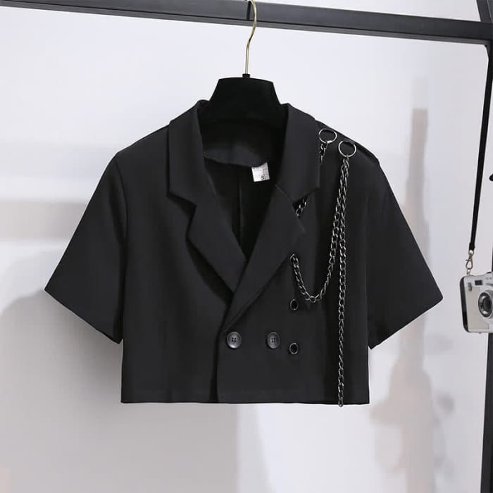 Black Chain Lapel Crop Blazer Irregular Belted Pleated