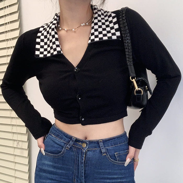 Black Checkerboard Collar Top - Tops