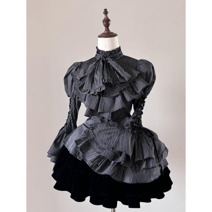 Black Collar Lace-up Lolita Long Sleeves Striped Shirt