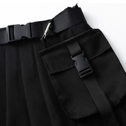 Black Cool Buckle Strap Zipper Crop Top Belted Pleated Skirt