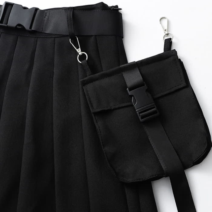 Black Cool Buckle Strap Zipper Crop Top Belted Pleated Skirt