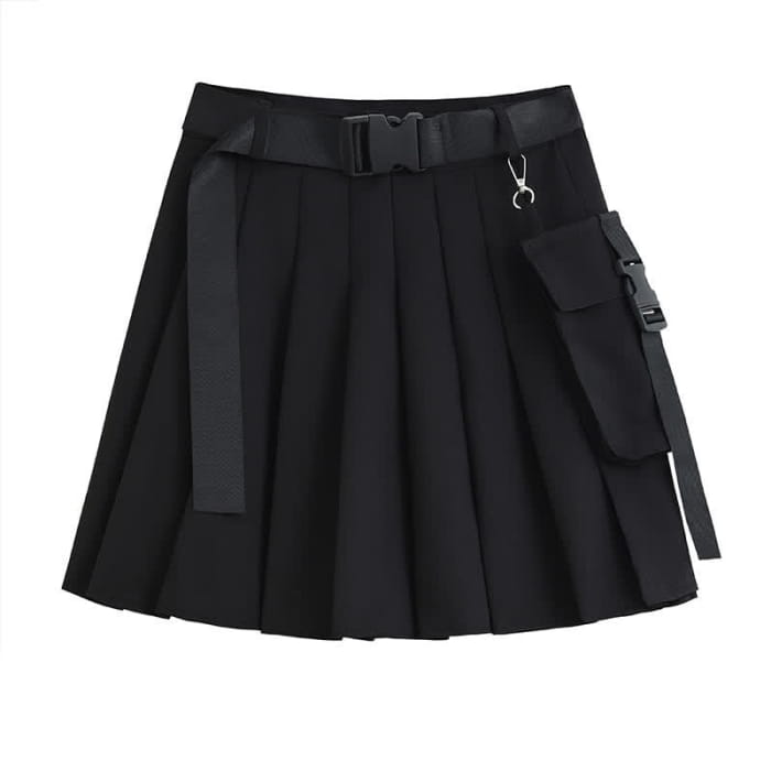 Black Cool Buckle Strap Zipper Crop Top Belted Pleated