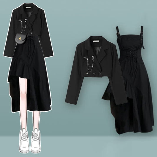 Black Decor Short Blazer Lace Up Irregular Slip Dress Set