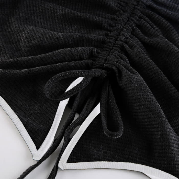 Black Drawstring Crop T-Shirt Irregular Slip Dress Set