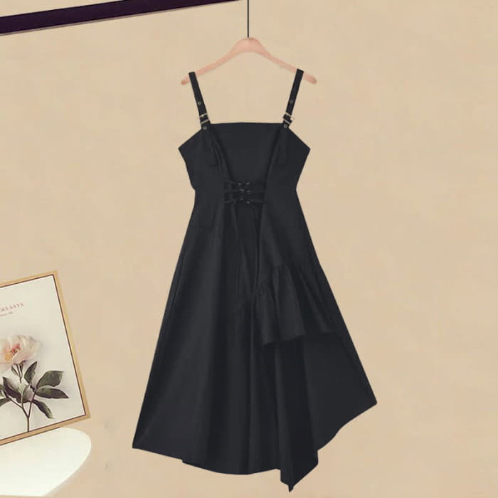 Black Drawstring Crop T-Shirt Irregular Slip Dress Set - M