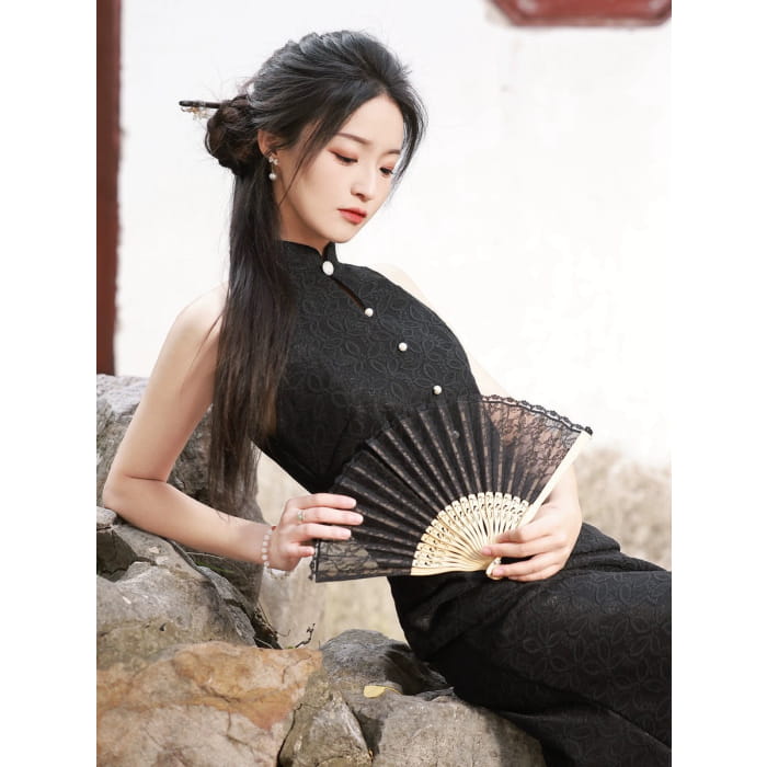 Black Elegant Sleeveless Long Cheongsam - Female Hanfu