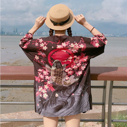 Black Fish Floral Kimono Outerwear Sun Protective - One Size