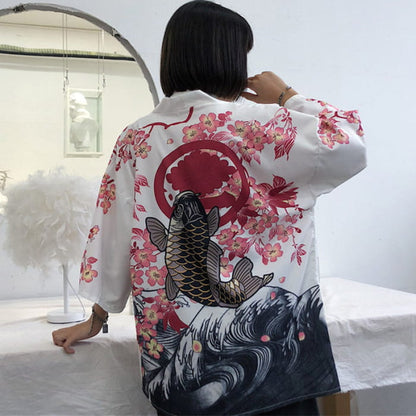 Black Fish Floral Kimono Outerwear Sun Protective - White